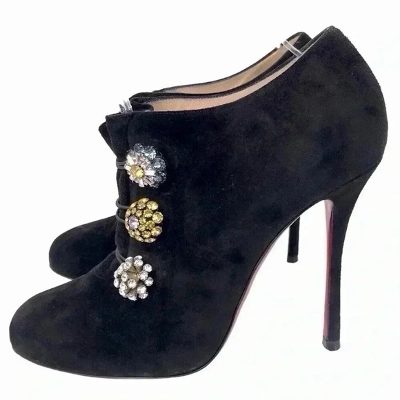 Christian Louboutin Bootini MJ 100mm Black Suede Crystal Button Ankle Boots 37 - Picture 1 of 16